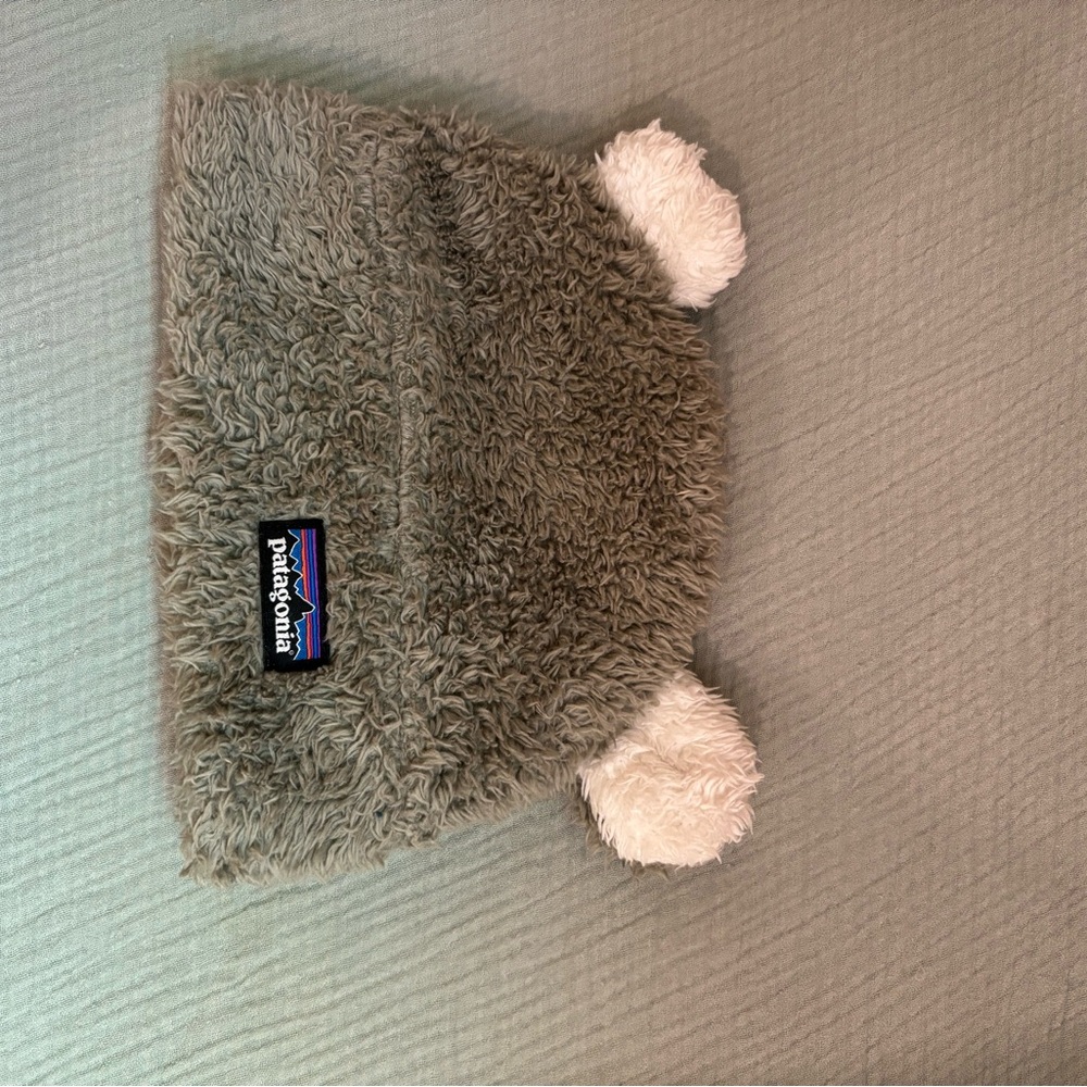 Patagonia Kids Fuzzy Beanie in Olive with Cream Poms
